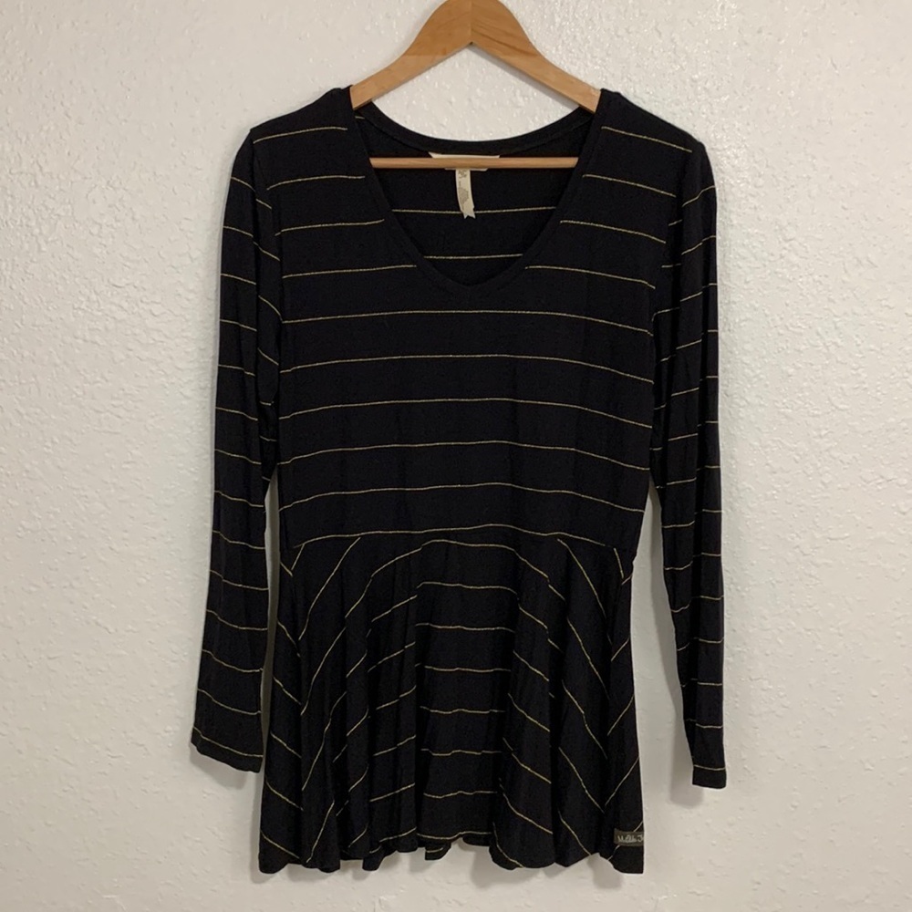 Matilda Jane Modal Black Gold Metallic Striped Long Sleeve Peplum Top Size M
